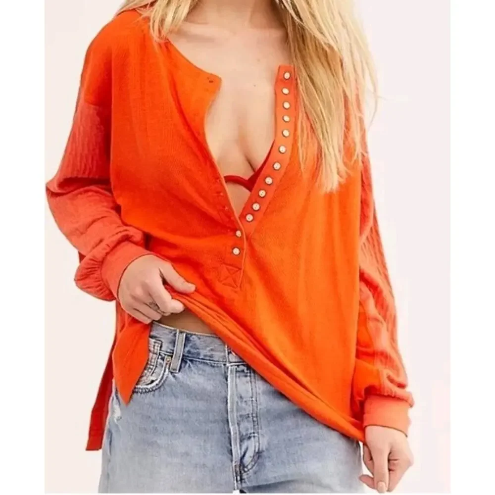 We The Free Back At It Oversize Linen Blend Henley Thick Pullover Orange Top XS